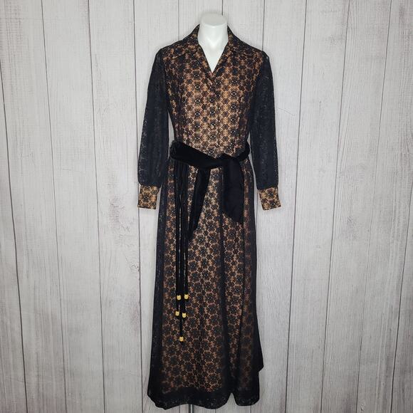 Vintage 70s Belted Black Lace V Neck Maxi Dress With Peach Underlayment - Picture 1 of 11